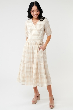 Womens tan and cream 3/4 puff sleeve top wrap modest dress
